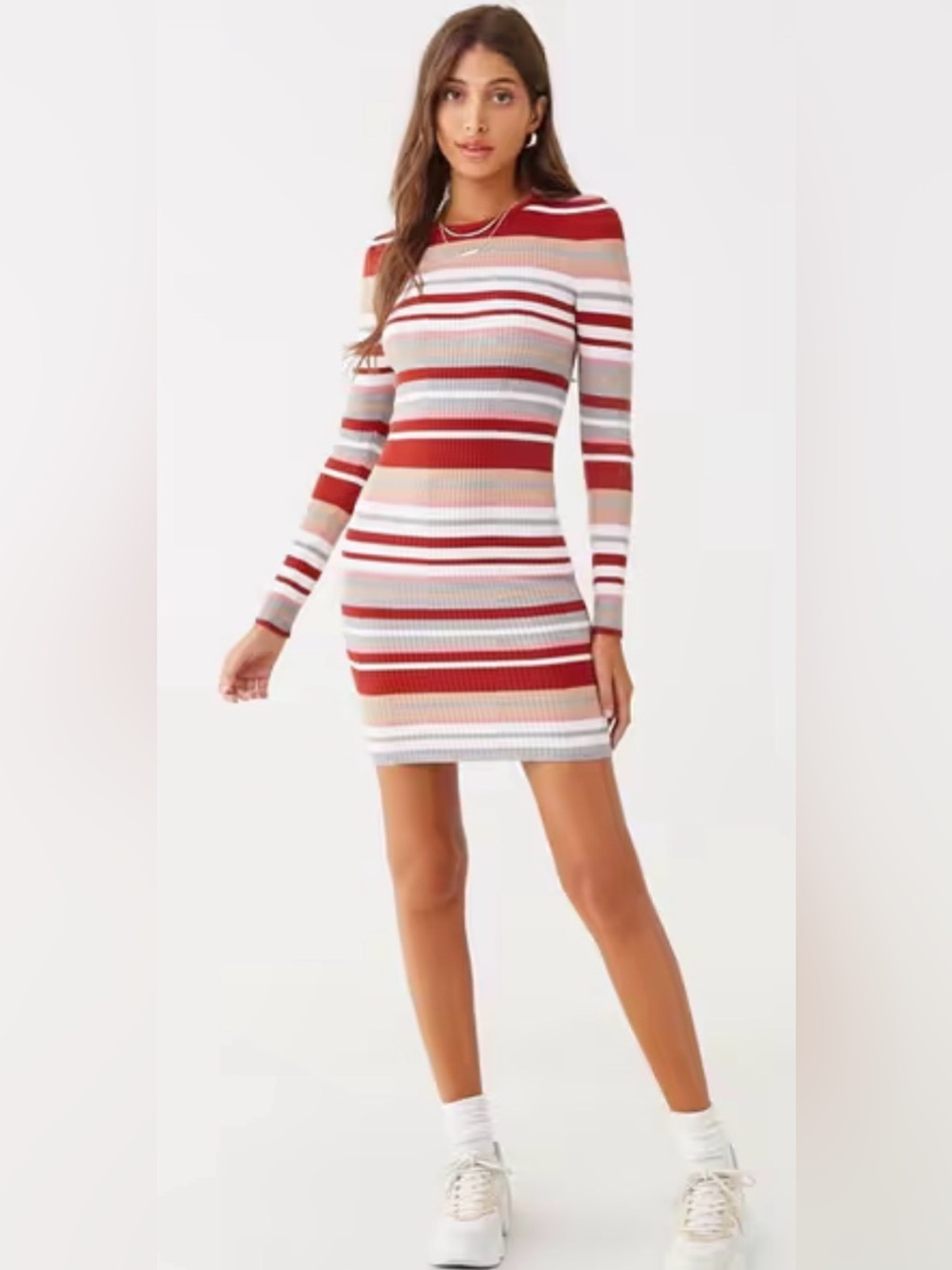 Forever 21 Multi-Colored Striped Ribbed Knit Long Sleeve Bodycon Dress